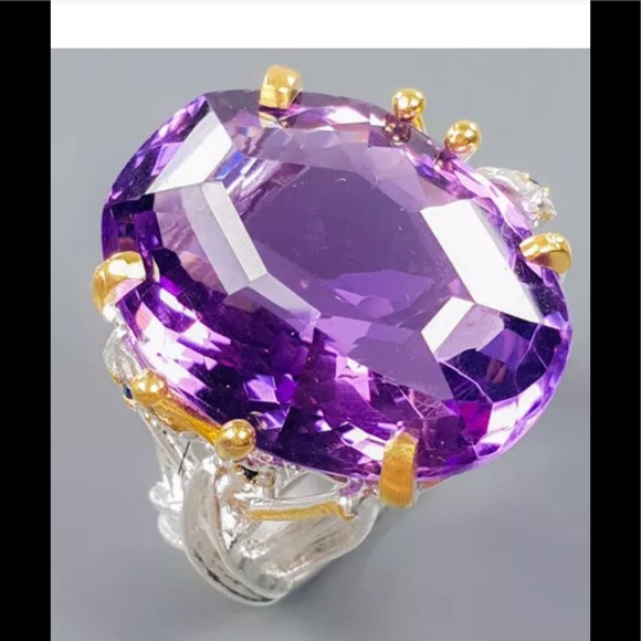 Extra Fancy Cut AAA+ Genuine Amethyst 25 CTW Ring - Picture 2 of 13